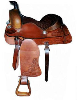 Hand Carved Brown Western Barrel Saddle - eit-saddle-demo